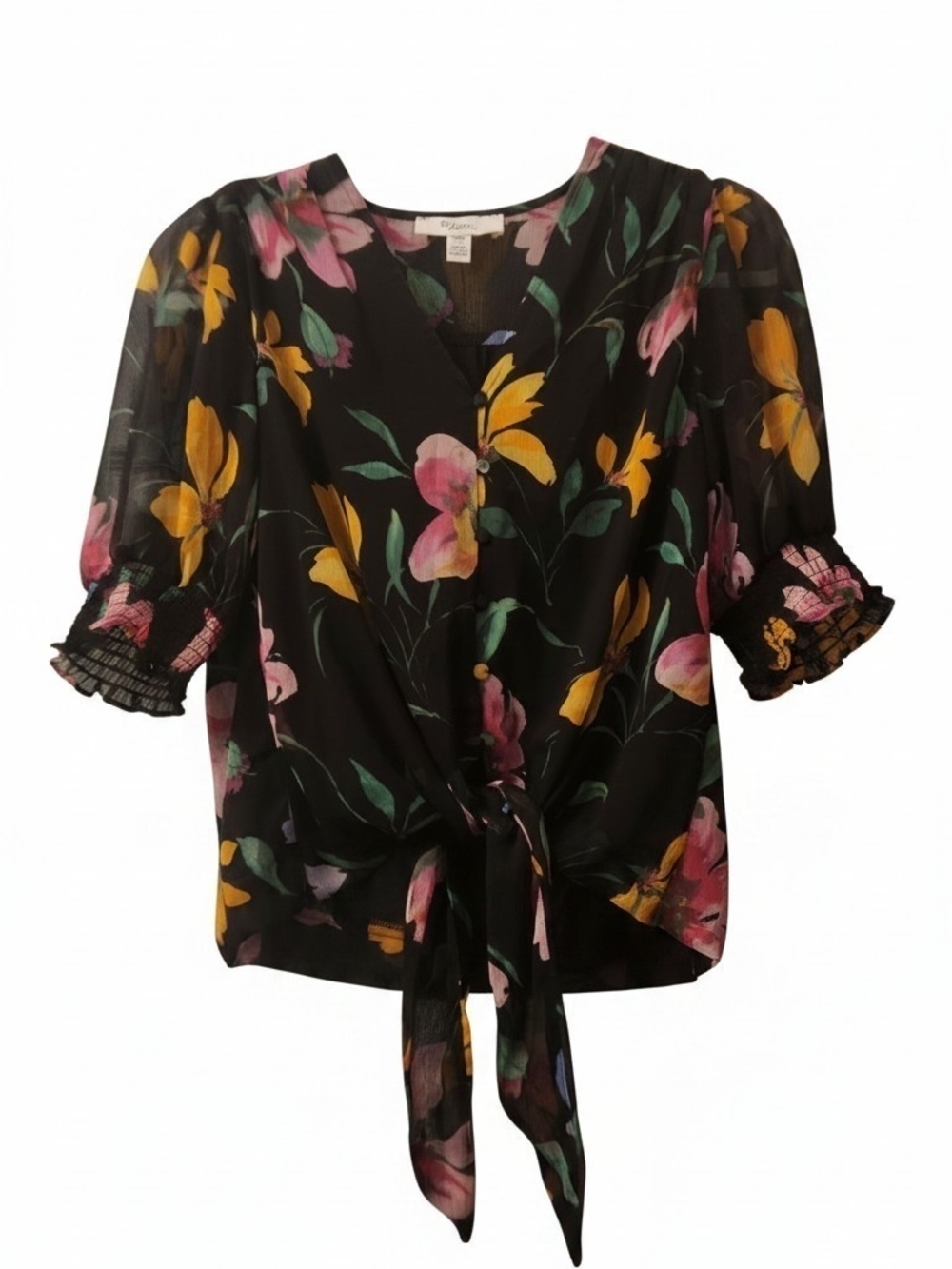 Women's Black Floral Tie-Front Blouse with Puff Sleeves